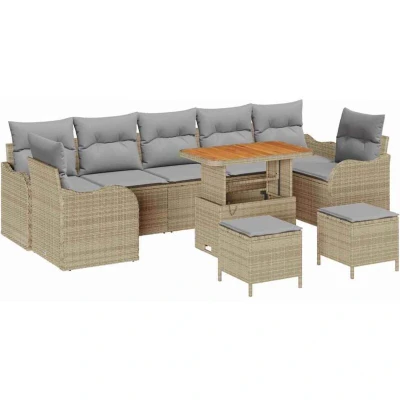 Image of vidaXL 10 Piece Garden Sofa Set with Cushions Beige Poly Rattan Acacia
