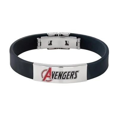 Image of Marvel Stainless Steel Bracelet with Avengers for Girls, Length 18 cm, Black Leather, Leather