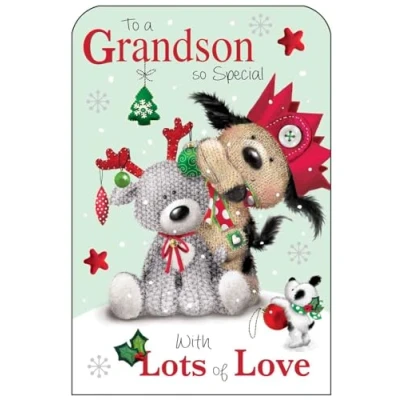 Image of Grandson Christmas Card Special Dog and Reindeer Festive Design Finishes Illustrated Insert Leaf Made in the UK