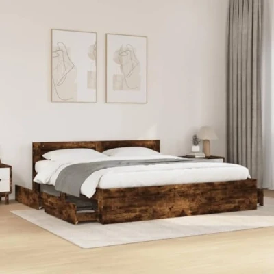 Image of vidaXL King Size Bed Frame with Headboard 180x200 cm Smoked Oak, Engineered Wood, Slatted Base, Storage Drawers