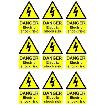 Image of Danger electric shock risk safety sign Pack of 9 100mm x 66mm Self adhesive stickers on sheet (300mm 200mm)