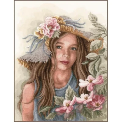 Image of Lanarte Counted Cross Stitch Kit: Little Girl with Hat (Evenweave), Cotton, NA, 36 x 46cm