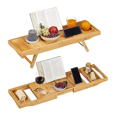 Image of Relaxdays 2in1 Bathtub Caddy &amp; Serving Tray, Bookstand, Wine Holder, Bathroom Stand, 74.5 114 cm, Extendible, Natural, Bamboo, H x B T: ca. 18 25 cm