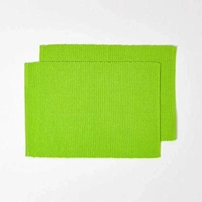 Image of HOMESCAPES Set of 2 Placemats Lime Green 100% Ribbed, hand loom Cotton Designed to Coordinate with Osaka Stripe Tablecloth and Seat Pad Range