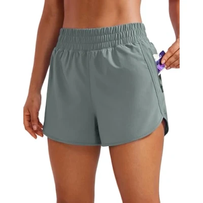 Image of CRZ YOGA Women&#039;s High Waist Running Shorts 3&#039;&#039; Mesh Liner Quick Dry Athletic Gym Workout with Zipper Pocket Grey Sage 10