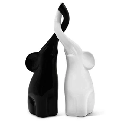 Image of FeinKnick Loving pair of elephants in black and white modern ceramic sculpture as a set decoration figure 26cm high elephant well suited gift