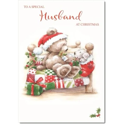 Image of doodlecards Husband Christmas Card Cute Bear on Bed Medium Size for with Plain Envelope