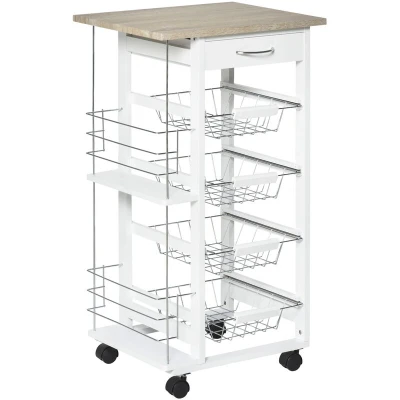 Image of HOMCOM Rolling Kitchen Cart, Utility Storage Cart with 4 Basket Drawers &amp; Side Racks, Wheels for Dining Room, Natural and White
