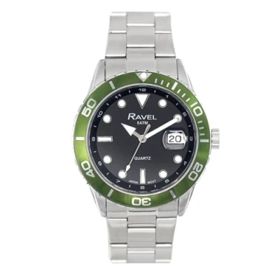 Image of Ravel Plus Men&#039;s 42mm Round 5ATM Calendar Watch Rotating Uni Directional Bezel and Sapphire Coated Lens Japanese Analogue Quartz RPD 010MB Stainless Steel/Green