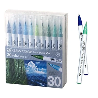Image of Kuretake ZIG CLEAN COLOR REAL Brush 30 COLOUR SET B with Flexible Tips, Watercolor Pens for Painting, Drawing, Calligraphy, Made in Japan, RB 6000AT/30VB