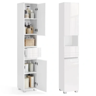 Image of VASAGLE Tall Bathroom Cabinet, Slim Storage Narrow Cupboard, Unit, with a Drawer, Adjustable Shelves, 30 x 170 cm, White BBC560P31