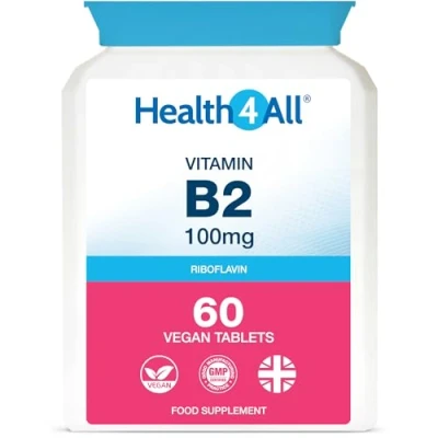 Image of Health4All Vitamin B2 Riboflavin 100mg 60 Tablets Energy, Stress and Migraine Support, Vegan, Made in The UK