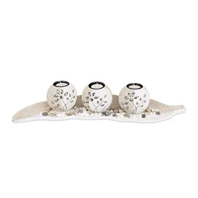 Image of Relaxdays Tealight Holder Set, Leaf Bowl, Deco Sand, Candle Stand, Atmospheric Display Piece, Tabletop, Beige White