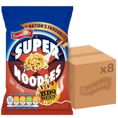 Image of Batchelors Super Noodles Tasty BBQ Beef Flavour, Instant Snack Ready in 4 Minutes, 90 g Packet (Pack Of 8)