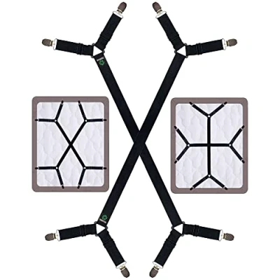 Image of FIBOOMERANG Bed Sheet Clips Crisscross Fitted Straps for Bedding, Grippers and Holder Elastic Bands Bedsheet Suspenders Fasteners, 2Pcs/Set Black