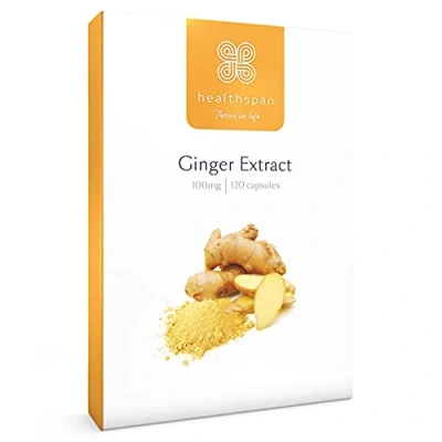 Image of Healthspan Ginger Extract 100mg (4 Months&#039; Supply) Support Your Digestive Health Equivalent to 12,000mg of Whole Root Providing 20mg Gingerols Easy Swallow Capsules Vegan