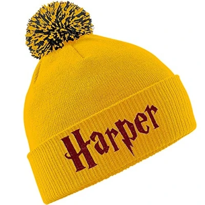 Image of TeddyTs Personalised Scarlet and Gold Wizard Pom Bobble Hat (Gold)