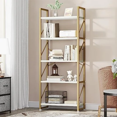 Image of YITAHOME Bookcase 5 Tiers, Floor Standing Book Shelf, Wooden Shelf and Metal Frame Rack, Display Storage Rack Shelving Units for Living Room, Home Office Gold Bookshelf