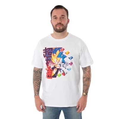 Image of Sonic THE HEDGEHOG Mens T Shirt White Super Diamonds Graphic Tee for Adults Short Sleeve Nostalgic 90s Gamer Apparel Lightweight Top Retro Artwork Game Gift Him