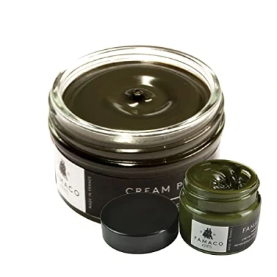 Image of Famaco Khaki 50ml Renovating Polish and 15ml Scuff Scratch Dye with Polishing Cloth Free Touch up Brush Long Lasting Shine Protector Kit for Boots Shoes