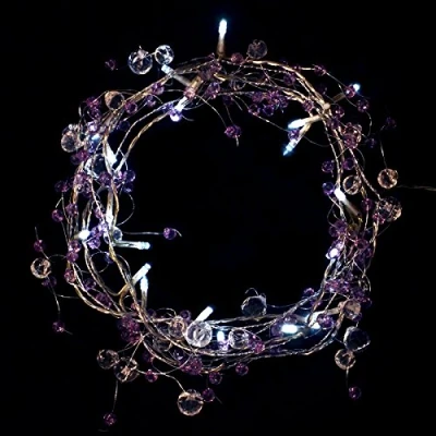 Image of Mr Crimbo 20 White LED Light Garland Purple Crystal Beads Silver Wire Christmas Battery Op