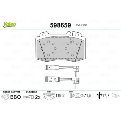 Image of 0034205820, 0044200520, 0044209020, 0064203220, 34205820 Brake pad set VALEO 598659 Front Axle incl. wear warning contact with anti squeak plate