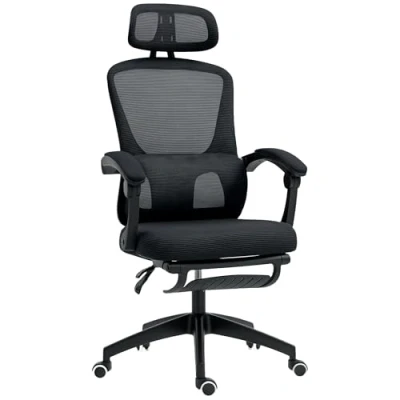 Image of HOMCOM Ergonomic Office Chair, Mesh High Back Desk Chair with Adjustable Lumbar Support and Headrest, Footrest, Reclining Executive Swivel Computer for Home Study, Black
