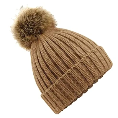 Image of Beechfield Faux Fur Pop Pom Chunky Beanie Unisex Styling Biscuit