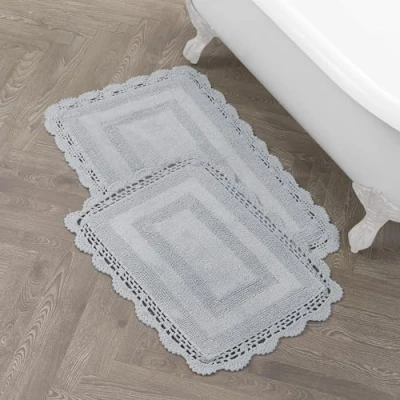 Image of Laura Ashley Crochet Cotton 17x24/21x34 in. 2 Piece Bath Rug Set, Light Grey