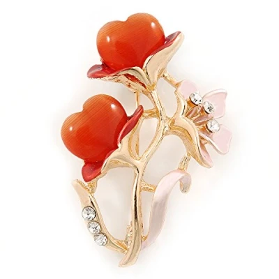 Image of Avalaya Pink Enamel, Crystal with Coral Glass Stones Floral Brooch in Gold Plating 45mm L