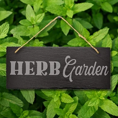 Image of Stukk HERB Garden Home Allotment Veg Pots Hanging Sign, Natural Engraved Slate Stone Plaque, 30x12cm