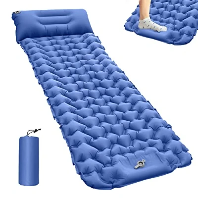 Image of AOSEE Self Inflating Camping Sleeping Mat with Pillow Ultralight Backpacking Pad, Built in Foot Pump, Waterproof Air Mattress for Hiking, Hammock, Travel(Blue)