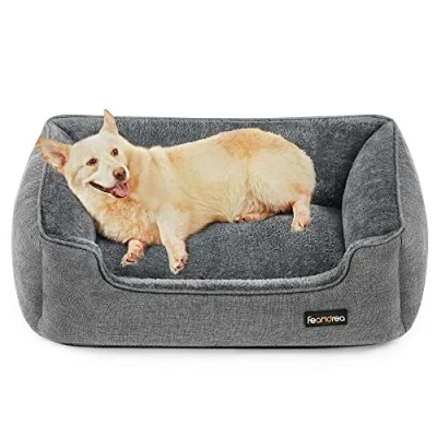 Image of Feandrea Dog Bed, Linen Look Pet Sofa Bed with Raised Edges, Non Slip Bottom, Removable Washable Cover, L, for Medium Dogs, 90 x 75 25 cm, Light Grey