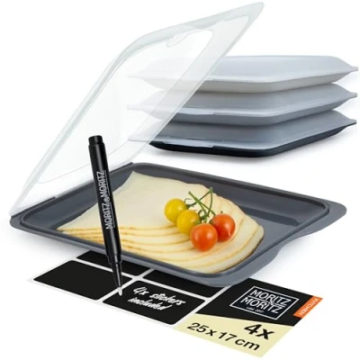 Image of Moritz &amp; 4 piece cold meat storage containers, stackable set airtight cooked containers with lids for storing meats, cheese etc. incl. stickers labelling