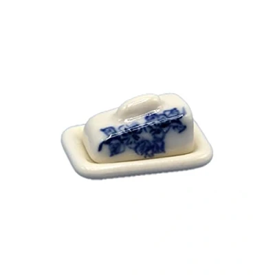Image of Melody Jane Dolls House Blue &amp; White China Butter Dish Miniature Kitchen Dining Accessory