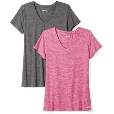 Image of Amazon Essentials Women&#039;s Tech Stretch Short Sleeved V Neck T Shirt (Available in Plus Sizes), Pack of 2, Charcoal Heather Space Dye/Raspberry Red Dye, S
