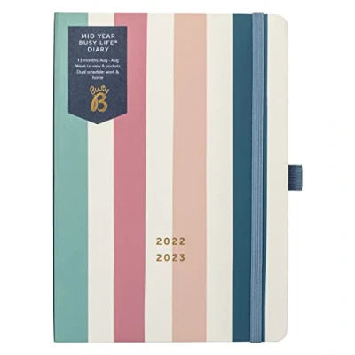 Image of Busy B Mid Year Life Diary August 2022 2023. Stripe Academic 2023 A5 Week to View Planner with Pen Holder, Elastic Closure and Storage Pockets, 22/23