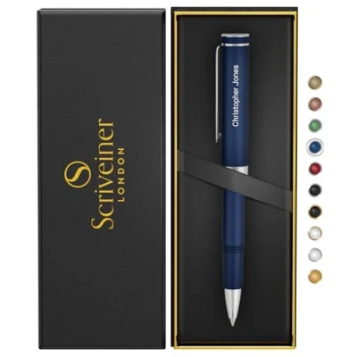 Image of Scriveiner Personalised Blue Rollerball EDC Pen, Stunning Pocket Roller ball with Chrome Finish, Fancy Writing Pen Gift Set, Elegantly Engraved for Men &amp; Women Custom Name Engraving