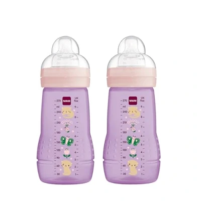 Image of MAM Easy Active Drinking Bottle Set of 2 (270 ml), Baby with Teat Size 1 , Milk Ergonomic Shape, 0+ Months, Butterfly, Instructions in Foreign Language