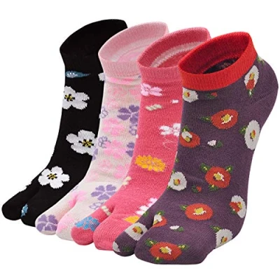 Image of Flip Flop Socks Womens Tabi 2 Toe Geta Socks, Japanese Split Cotton Stylish Fun Slipper 4 Pairs