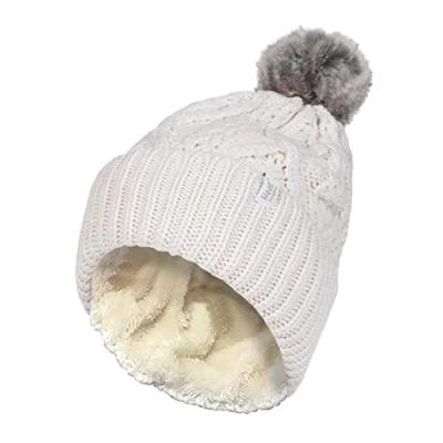 Image of HEAT HOLDERS Ladies Chunky Ribbed Cuffed Thermal Winter Pom Bobble Beanie Hat with Fleece Lining (One Size, Cream (Solna))