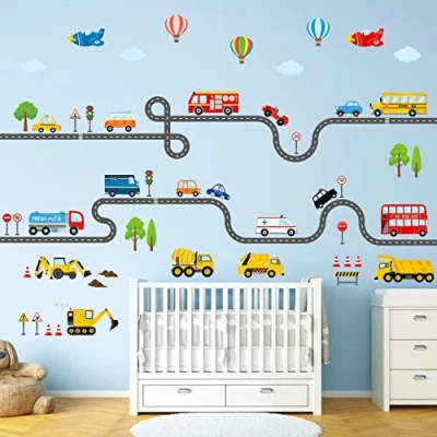 Image of DECOWALL SG3 2308 The Road and Transports Kids Wall Stickers Decals Peel Stick Removable for Nursery Bedroom Living Room Art murals Decorations
