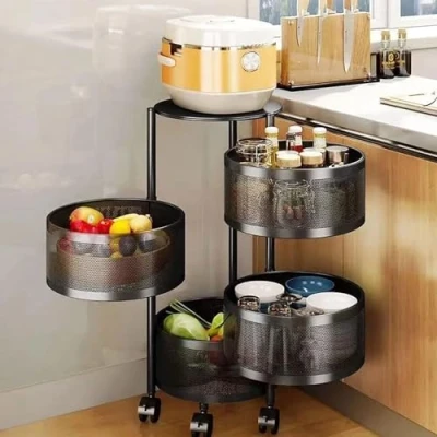 Image of 5 Tier Storage Rack Kitchen Rotating Vegetable Serving Trolley Cart Shelf Fruit Basket with Wheels Round
