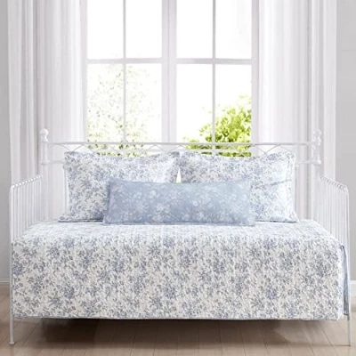 Image of Laura Ashley Home Daybed Set Lightweight &amp; Cozy, Reversible, All Season Bedding with Matching Shams and Pillow Cover, Cotton, Blue, Twin