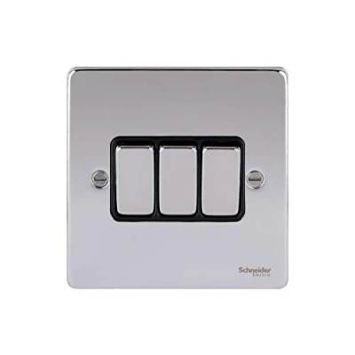 Image of Schneider Electric Ultimate Low Profile 3 Gang Rocker 2 Way Light Switch, 16AX, GU1532BPC, Polished Chrome with Black Insert