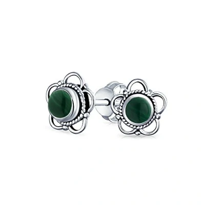 Image of Bali Style Tiny Round Open Flower Forest Green Malachite Stone Stud Earrings For Women Oxidized .925 Sterling Silver