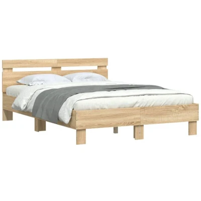 Image of vidaXL Double Bed Frame with LED Headboard in Sonoma Oak Plywood Slats for Stability, RGB Lights Ambiance, 135x190 cm Bedroom