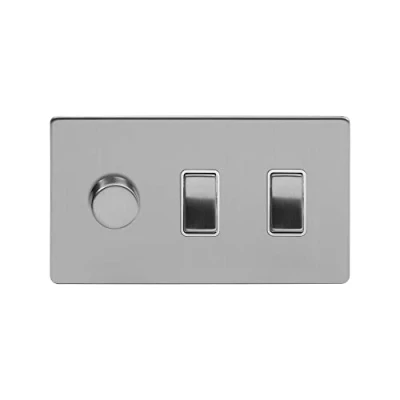 Image of Soho Lighting Brushed Chrome 3 Gang Light Switch with 1 dimmer (2X 2 Way &amp; Trailing Dimmer) Wht Ins Screwless