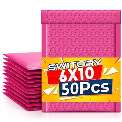 Image of Switory Padded Envelopes A5 50pcs 6x10 in(15.3cmx22.9cm) Polythene Pink Bubble Mailers Small Lined Poly Mailer Self Seal for Packaging