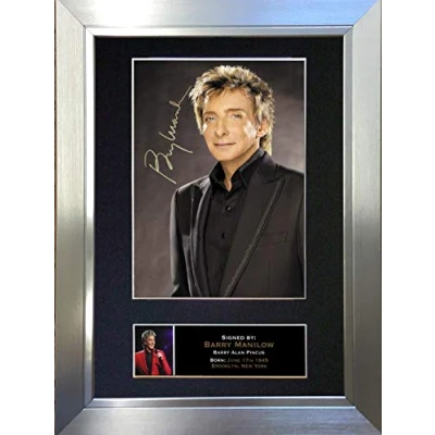 Image of BARRY MANILOW Signed Autograph Mounted Photo Reproduction PRINT A4 Very Rare (297 x 210mm) #94 (Silver Frame)